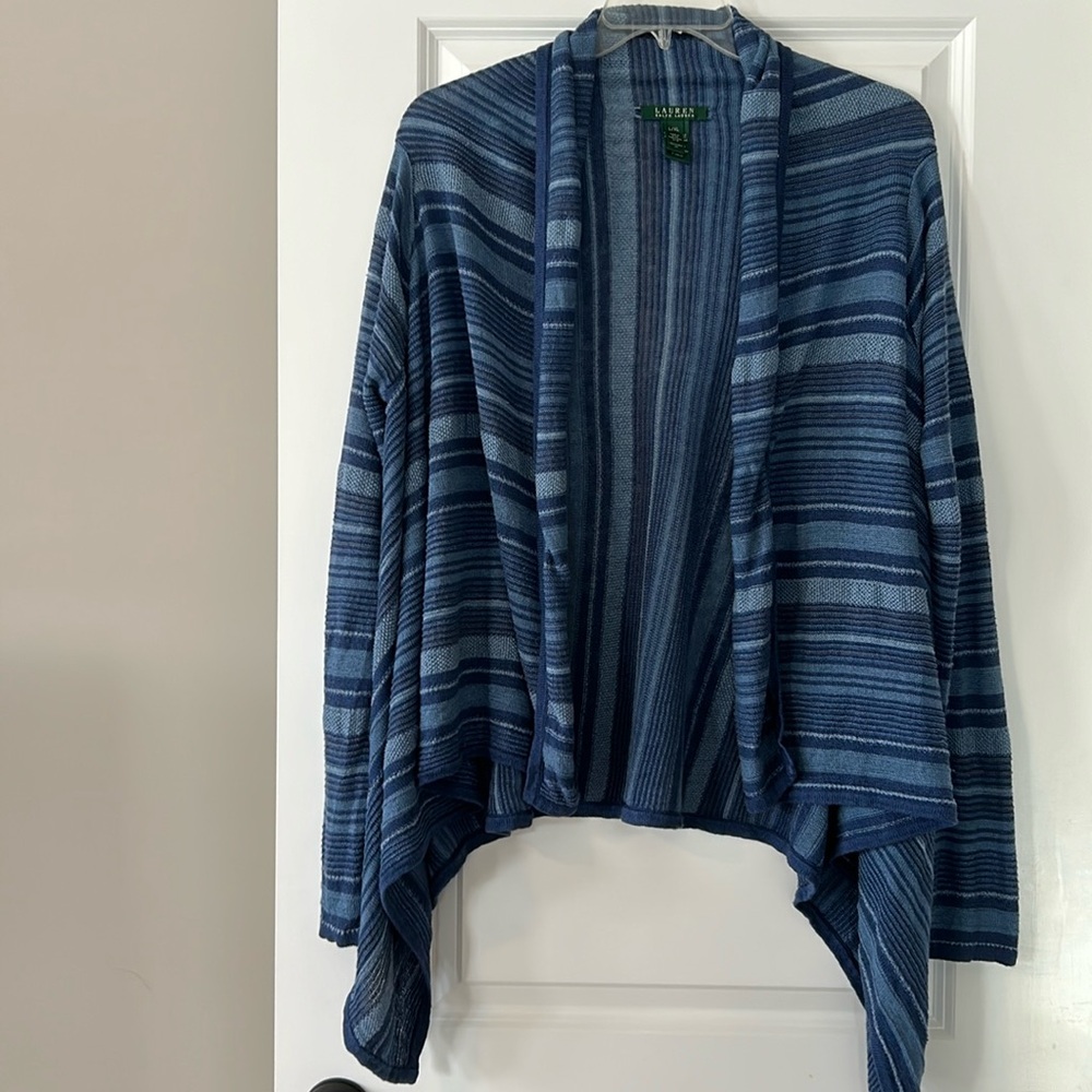 Lauren Ralph Lauren Striped Southwest Blue Linen Open Front Cardigan Sweater